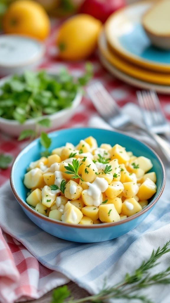 A delicious bowl of roasted garlic potato salad garnished with herbs.