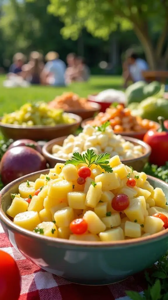 A colorful display of various potato salads in bowls, perfect for summer gatherings.