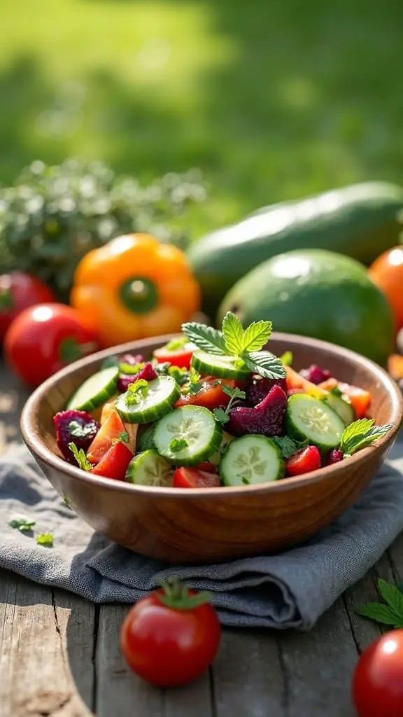 A colorful bowl of cucumber and beetroot salad surrounded by fresh vegetables
