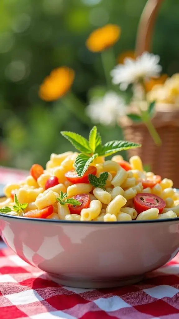 A bowl of creamy macaroni salad with cherry tomatoes and mint leaves, set on a picnic table.