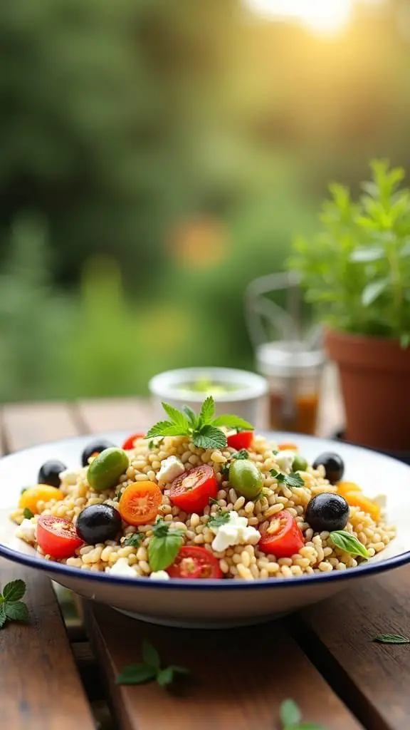 A vibrant Mediterranean Orzo Summer Salad with tomatoes, olives, and feta cheese.