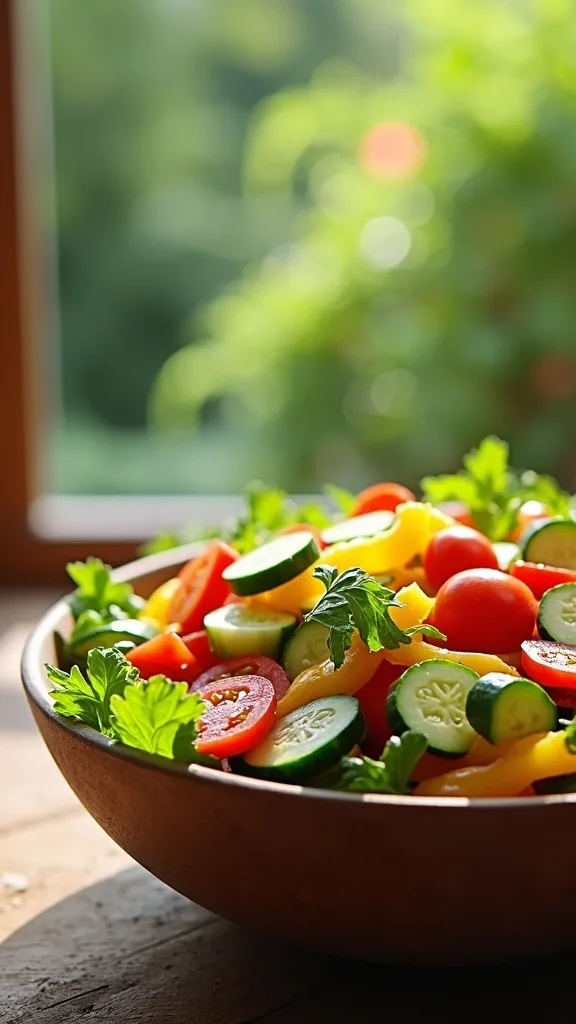 A colorful bowl of fresh salad with tomatoes, cucumbers, and bell peppers.
