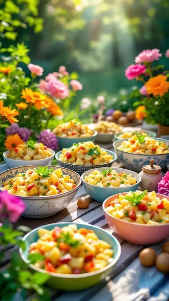 A colorful display of various potato salads in bowls, surrounded by flowers.
