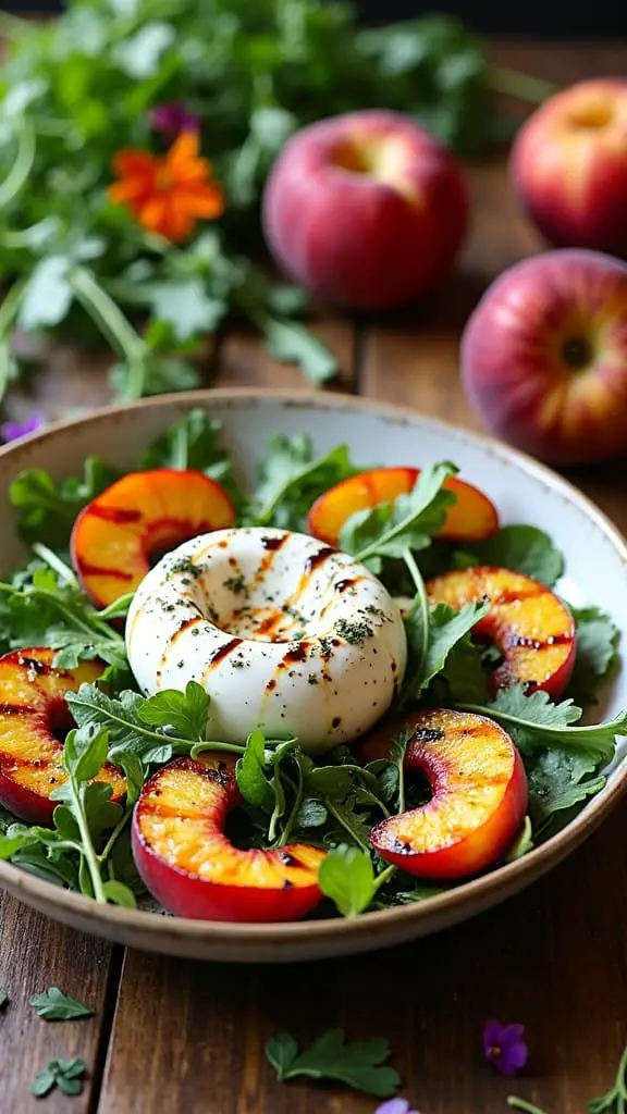 A beautiful salad featuring grilled peaches and burrata cheese on a bed of greens.