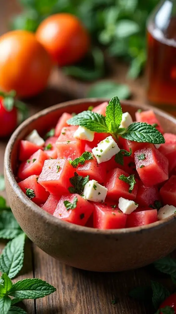A bowl of watermelon and feta salad garnished with mint leaves