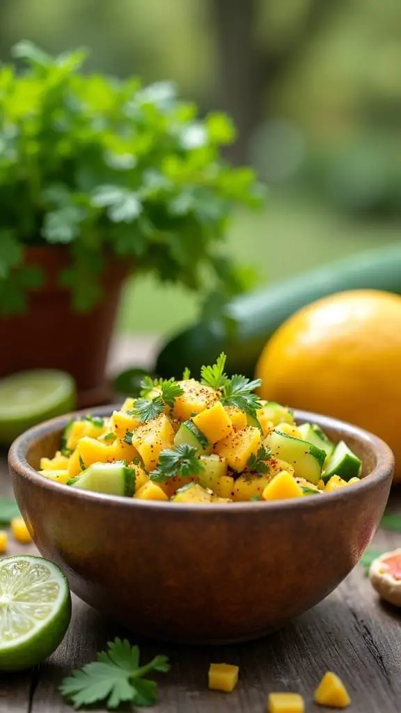 A bowl of cucumber and mango salad garnished with cilantro and Tajín seasoning.