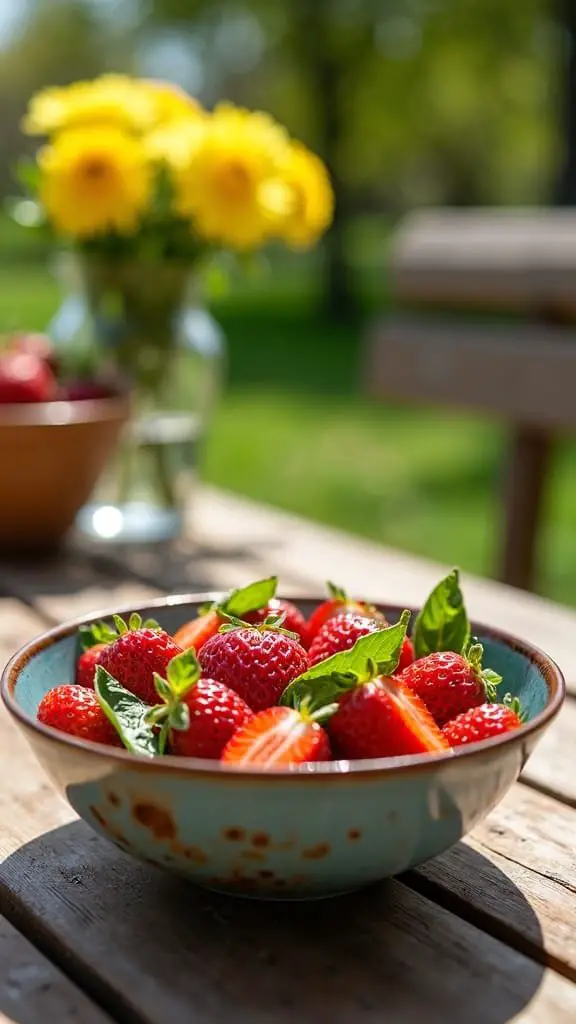A bowl of fresh strawberries and basil leaves on a wooden table, with flowers in the background.