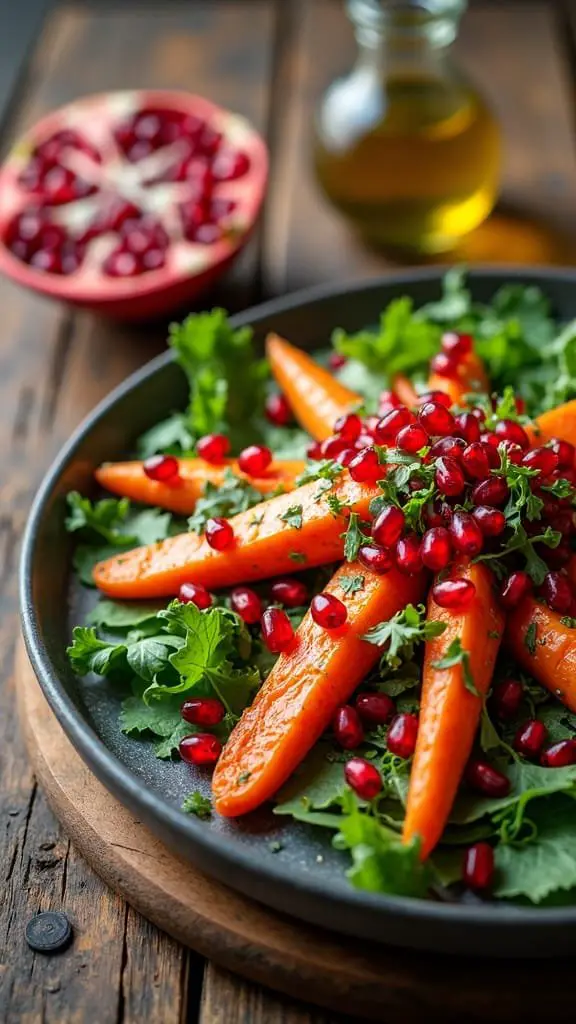 A vibrant salad featuring roasted carrots and pomegranate seeds on a wooden table