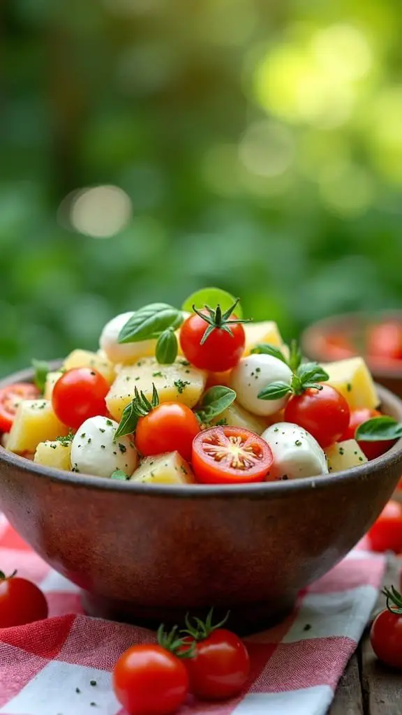 A bowl of Caprese Potato Salad with cherry tomatoes, mozzarella, and fresh basil.