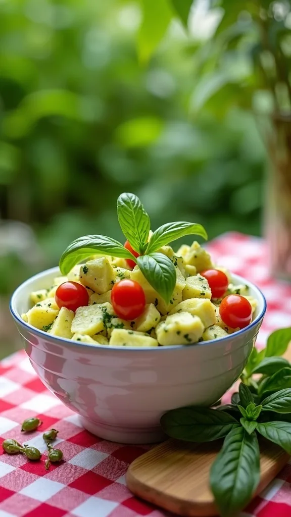 A bowl of creamy pesto potato salad with cherry tomatoes and fresh basil on a checkered tablecloth.