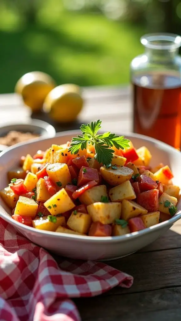 A bowl of Smoky Barbecue Potato Salad with diced potatoes and red peppers garnished with parsley.