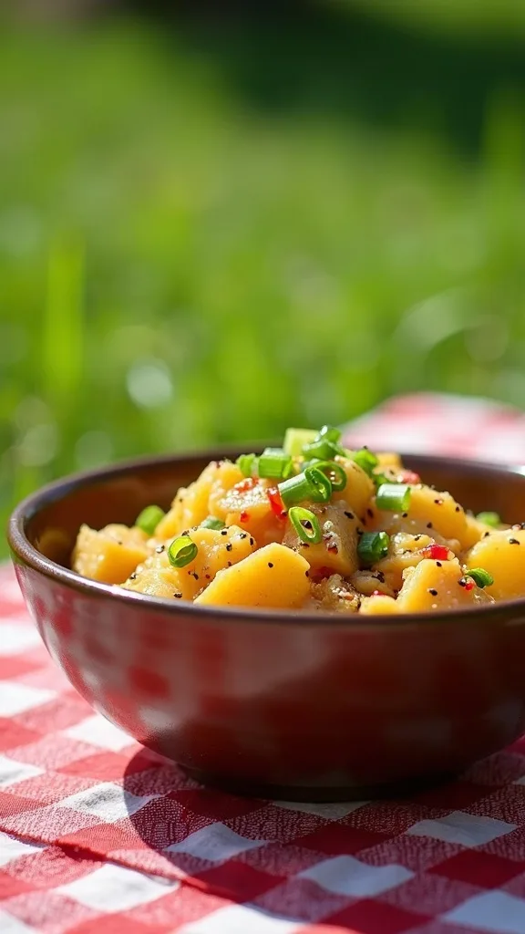 A bowl of Korean BBQ potato salad with green onions on a picnic table