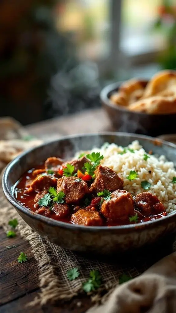 A bowl of Afghan Lamb Curry served with rice and garnished with fresh herbs.