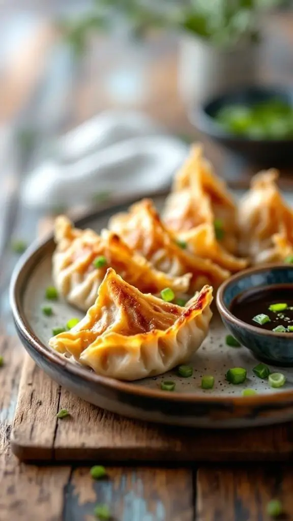 Plate of delicious pork gyoza with dipping sauce