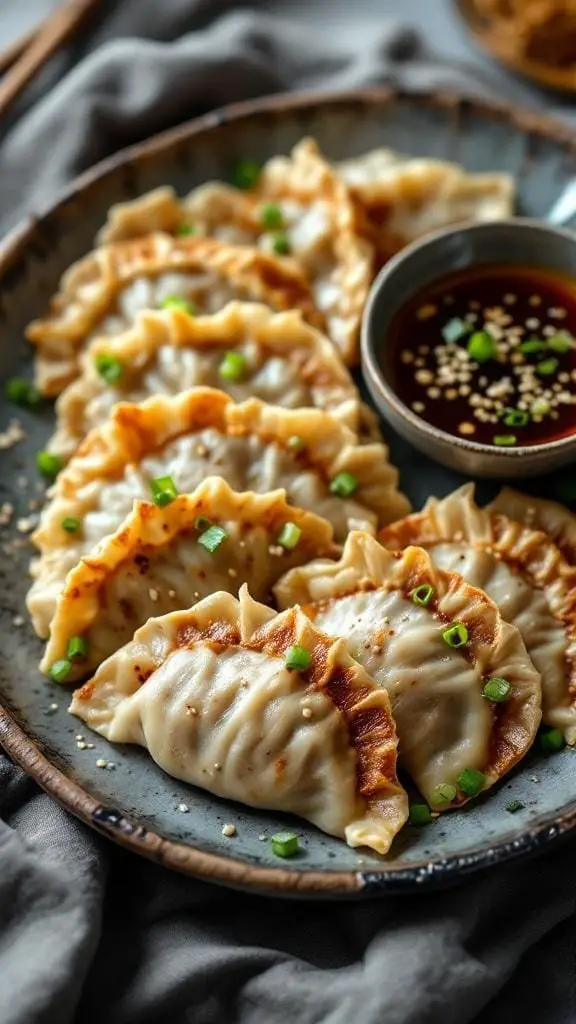 A plate of delicious pork gyoza dumplings with dipping sauce
