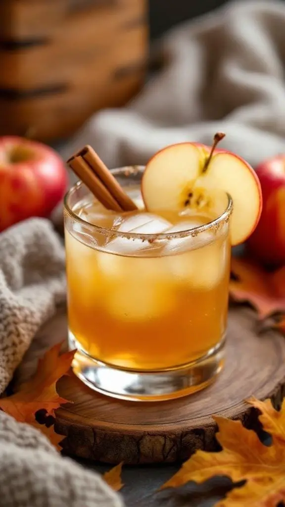 A glass of Apple Cider Whiskey Sour cocktail garnished with an apple slice and cinnamon stick, surrounded by apples and autumn leaves.