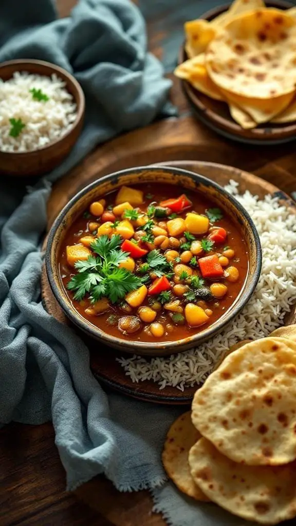 A bowl of South Indian Sambar served with rice and flatbreads