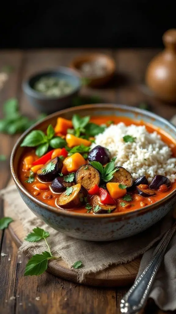 A bowl of aromatic Thai red curry with eggplant, colorful vegetables, and rice.