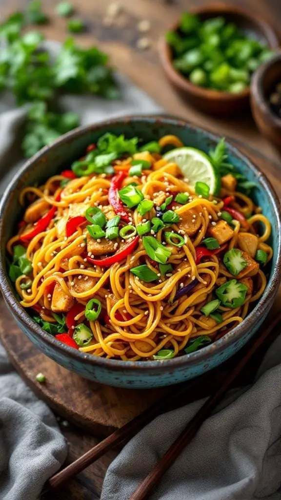 A bowl of Asian Tofu Lo Mein with colorful vegetables and garnished with green onions.