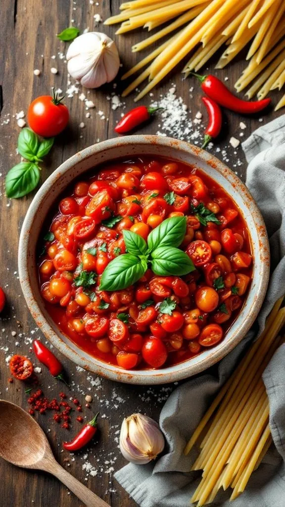 Bowl of Arrabbiata sauce with tomatoes, garlic, and chilies