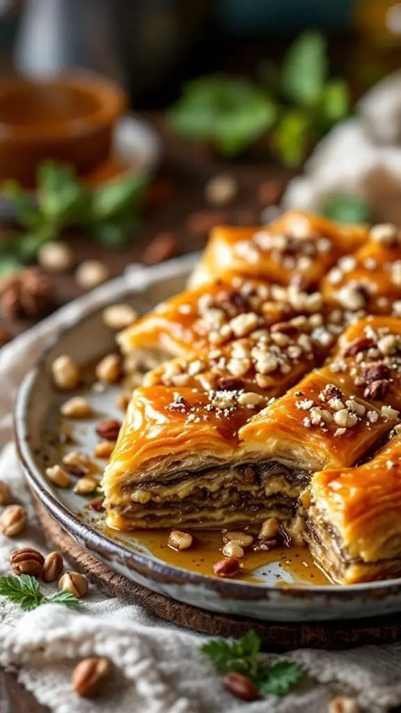 A plate of freshly made baklava topped with nuts and syrup.