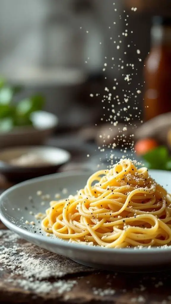 Plate of Cacio e Pepe pasta with cheese and pepper