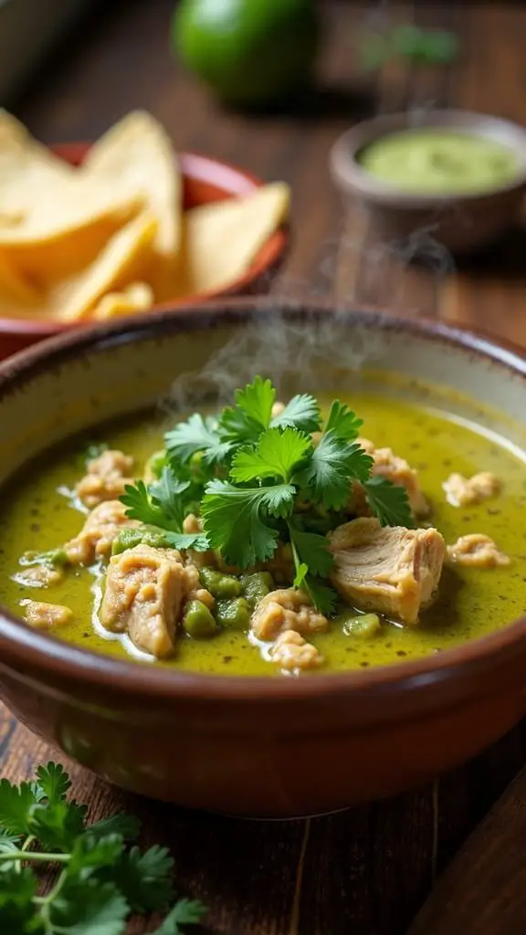 A bowl of Chicken Chile Verde garnished with cilantro, served with tortilla chips and lime.