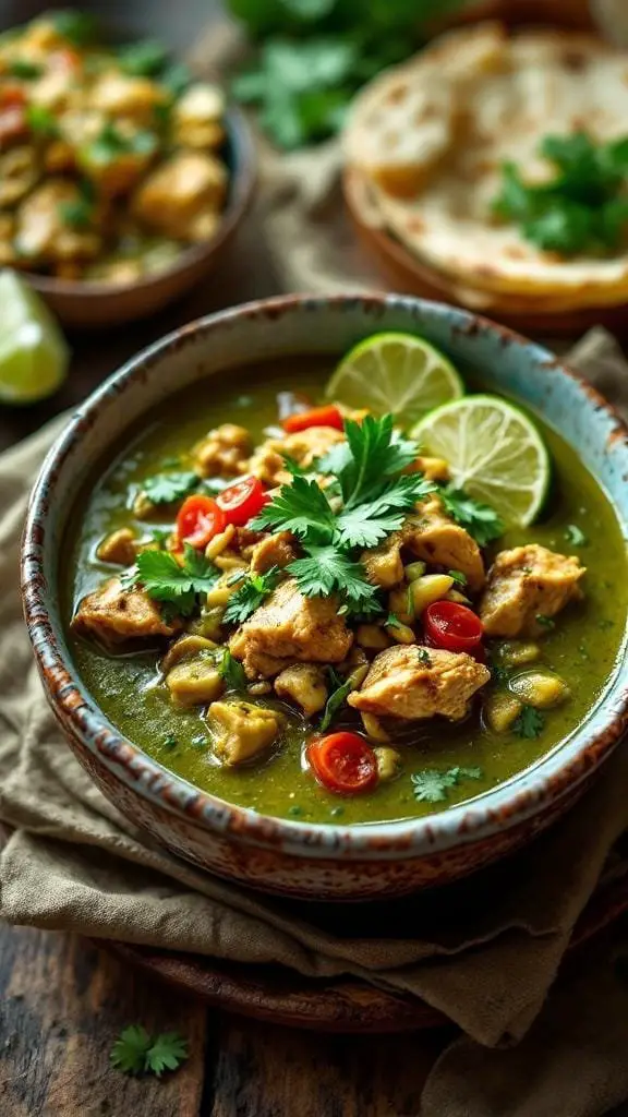 A bowl of Chicken Chile Verde with lime and cilantro garnishes
