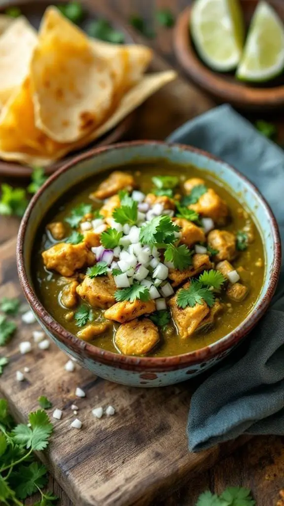 A bowl of Chicken Chile Verde with cilantro and onions, served with tortillas.