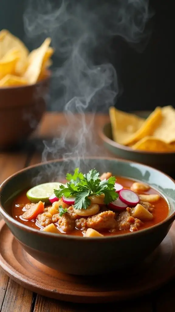 A bowl of steaming chicken pozole garnished with cilantro, lime, and radishes, with tortilla chips in the background.