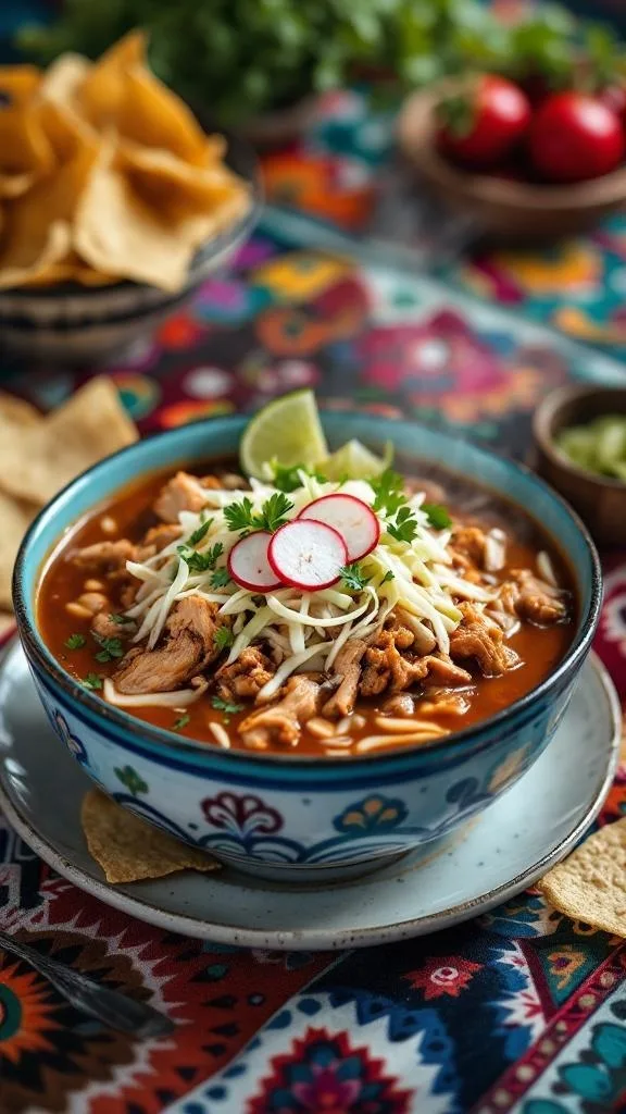 A bowl of Chicken Pozole garnished with radishes, lime, and cheese, served with tortilla chips.