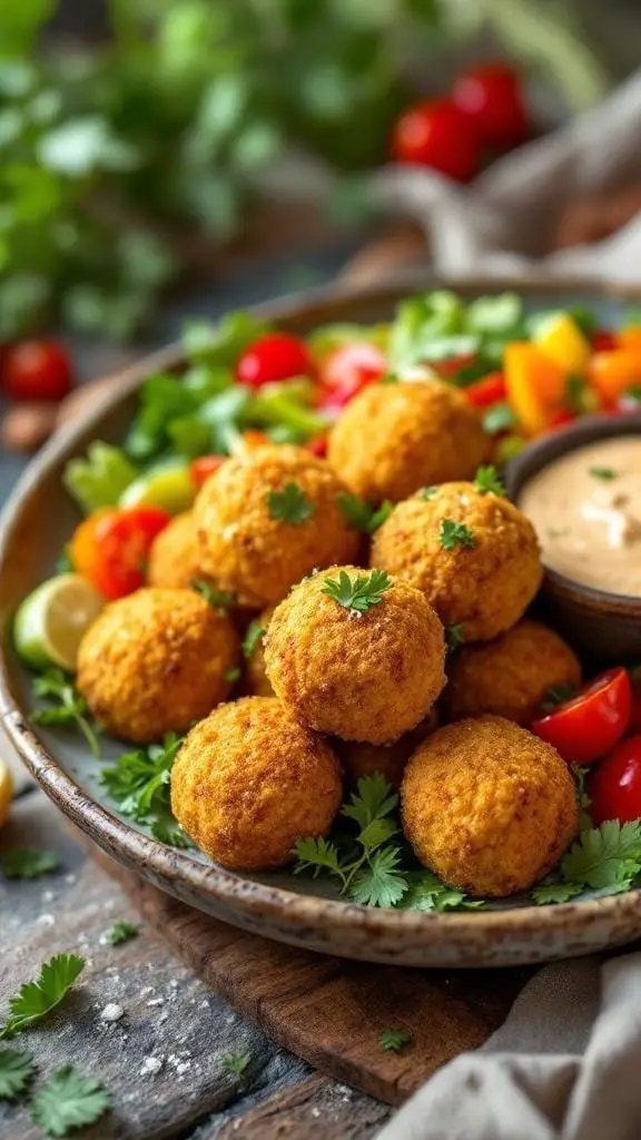 A plate of golden falafel balls garnished with herbs and served with fresh vegetables.