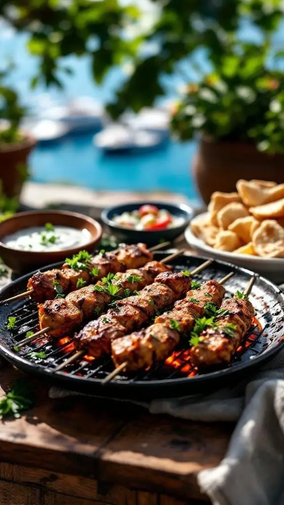 Grilled Kefta kebabs on skewers with fresh herbs and sides