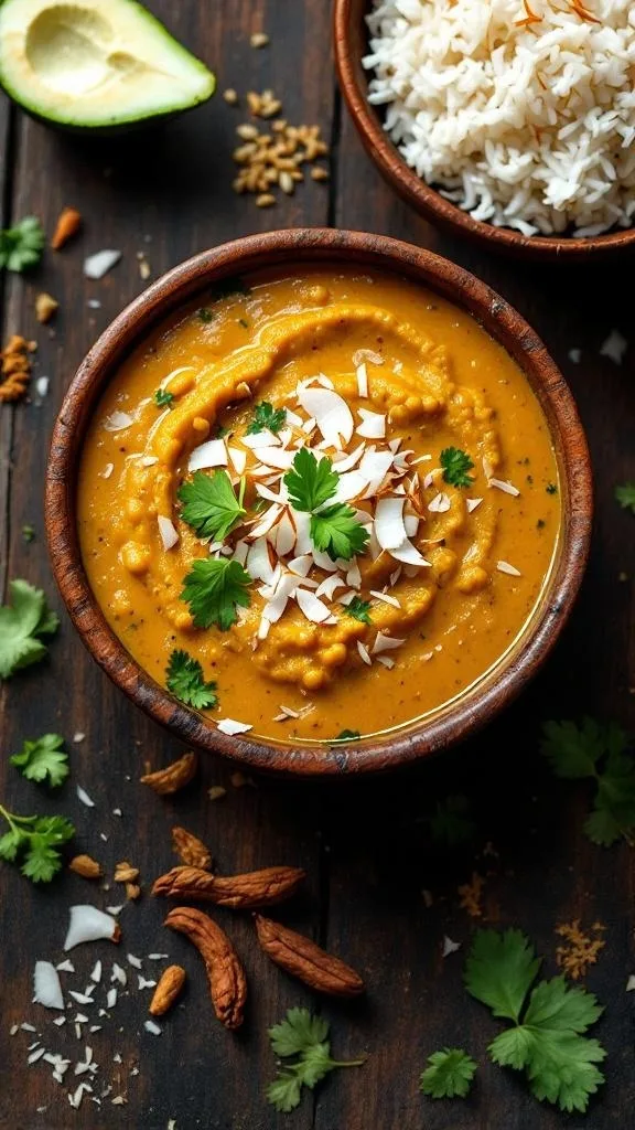 A bowl of creamy Kerala Parippu Dal garnished with coconut and cilantro, served with rice.