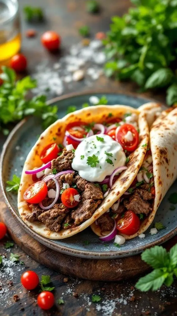Delicious lamb and beef gyros with fresh toppings on a plate