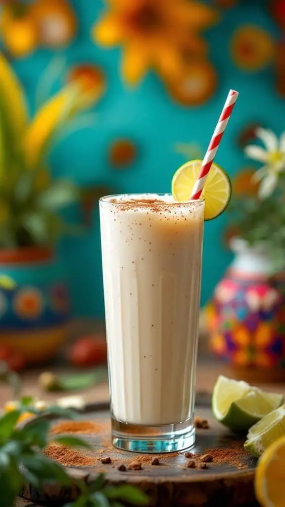 A glass of authentic Mexican horchata with a straw and lime slice