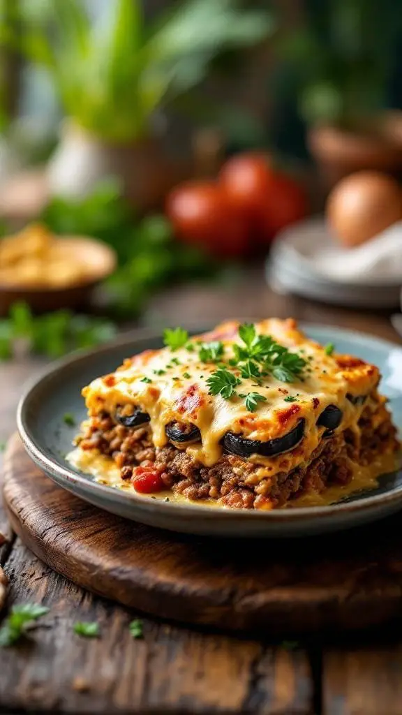A delicious serving of moussaka on a plate, showcasing layers of eggplant, meat, and béchamel sauce.