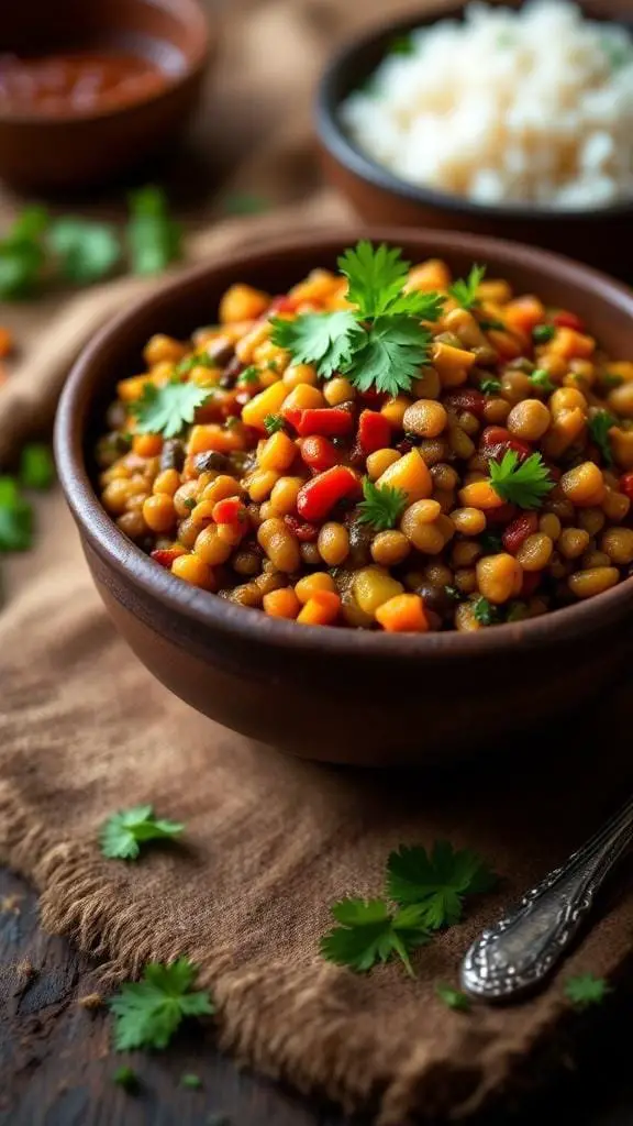 A bowl of Oriya Dalma with lentils and vegetables garnished with fresh coriander.