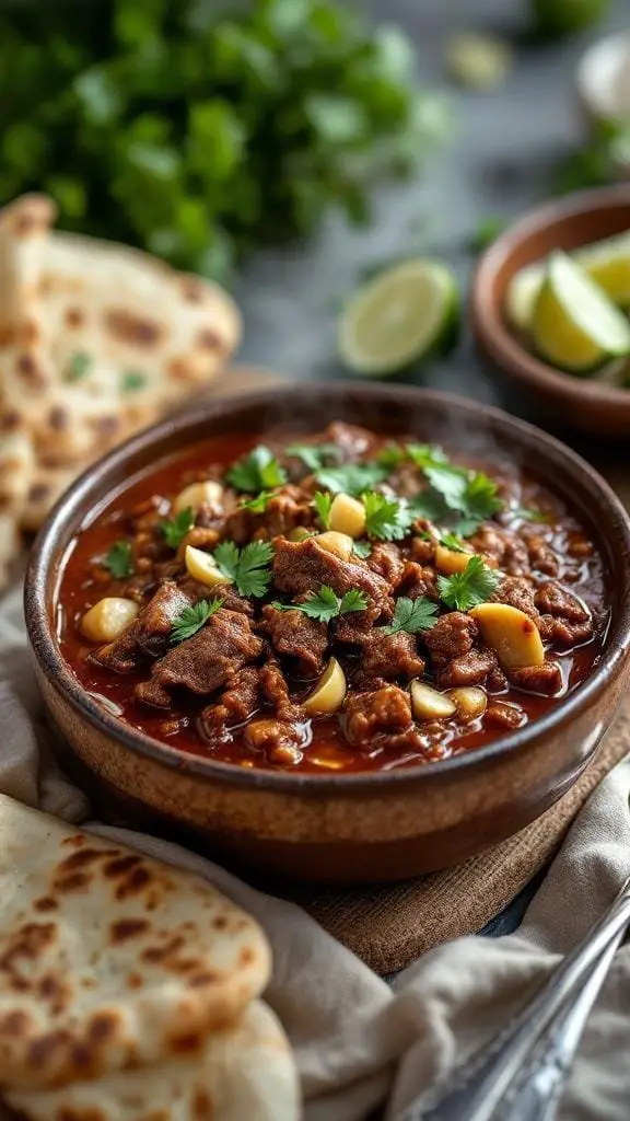 A bowl of Pakistani Nihari with tender beef, garnished with cilantro, served with naan and lime.