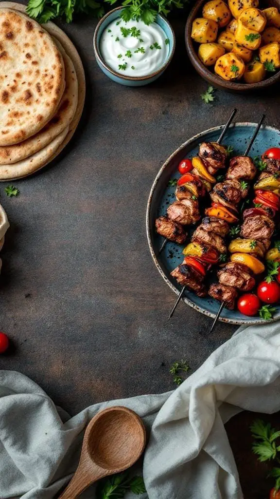 A plate of grilled souvlaki skewers with colorful vegetables, served with pita bread and sides.