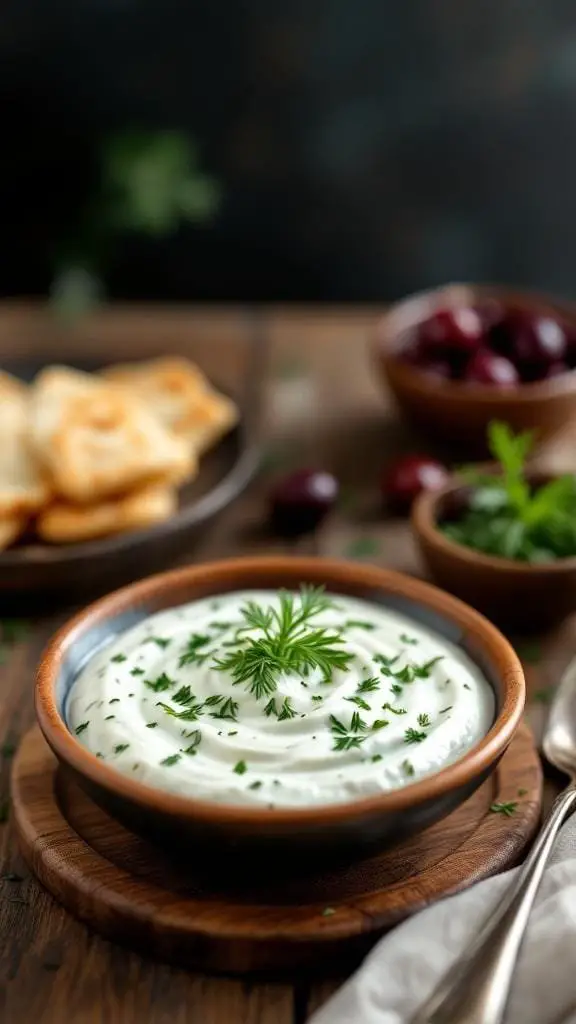 A bowl of tzatziki sauce garnished with herbs, served with pita and olives.