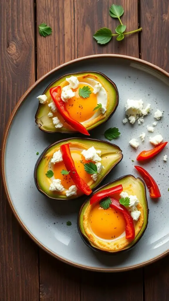 Baked eggs in avocado with feta and roasted red peppers on a plate