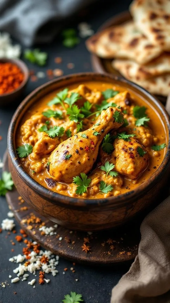 A bowl of Bangladeshi Chicken Korma garnished with cilantro, served with naan bread.