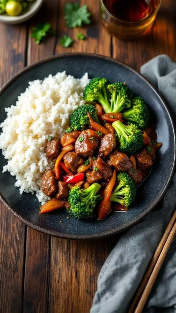 A plate of beef and broccoli served with rice
