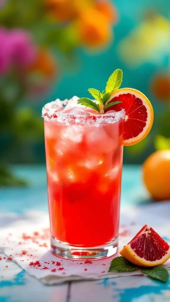 A vibrant Blood Orange Margarita in a glass, garnished with a slice of blood orange and mint leaves.