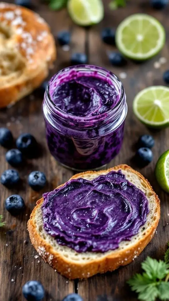 A jar of blueberry lime butter spread on a slice of bread, surrounded by blueberries and lime slices.
