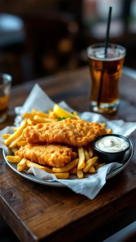 A plate of fish and chips with a side of tartar sauce and a drink