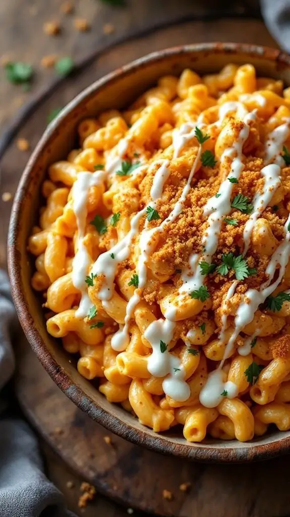 A bowl of Buffalo Chicken Mac and Cheese topped with herbs and drizzled with sauce.