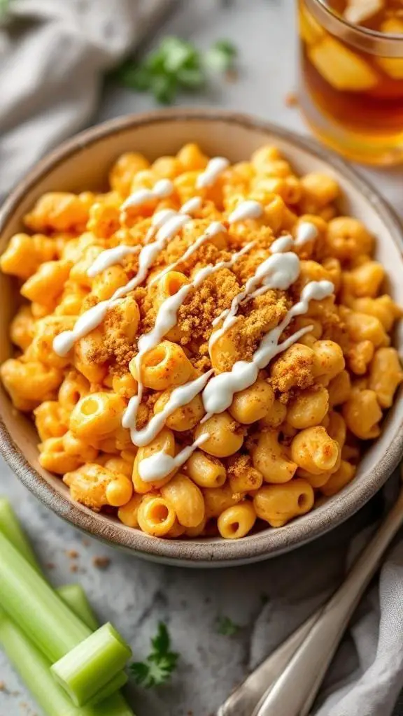 A bowl of Buffalo Chicken Mac and Cheese topped with drizzled ranch and crumbled crackers.