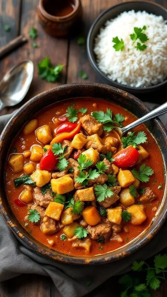 A bowl of Burmese Pork Curry with colorful vegetables and herbs, served with rice.